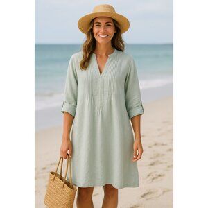 Dolma 100% Linen Boho Coastal Casual Tunic Dress Top Mint Green Pintuck Front L